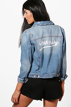 Boohoo Reese Embroidered Slogan Back Western Denim Jacket
