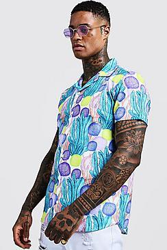 Boohoo Shell Print Short Sleeve Revere Shirt