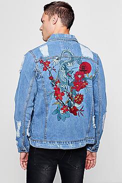 Boohoo Dragon Embroidery Distressed Denim Jacket
