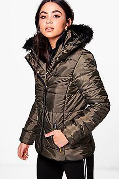Boohoo Ella Padded Jacket With Detachable Faux Fur Collar