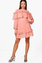 Boohoo Megan Ruffle Shoulder And Hem Tea Dress
