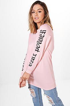 Boohoo Petite Caitlin Slogan Sleeve Sweat