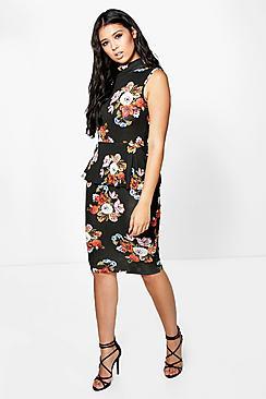 Boohoo Ita High Neck Floral Peplum Midi Dress