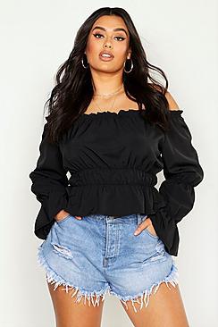 Boohoo Plus Woven Shirred Off The Shoulder Top