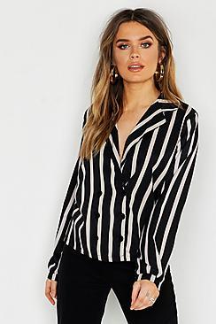 Boohoo Stripe Revere Collar Button Blouse