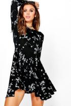 Boohoo Petite Jane Floral Print Skater Dress Black