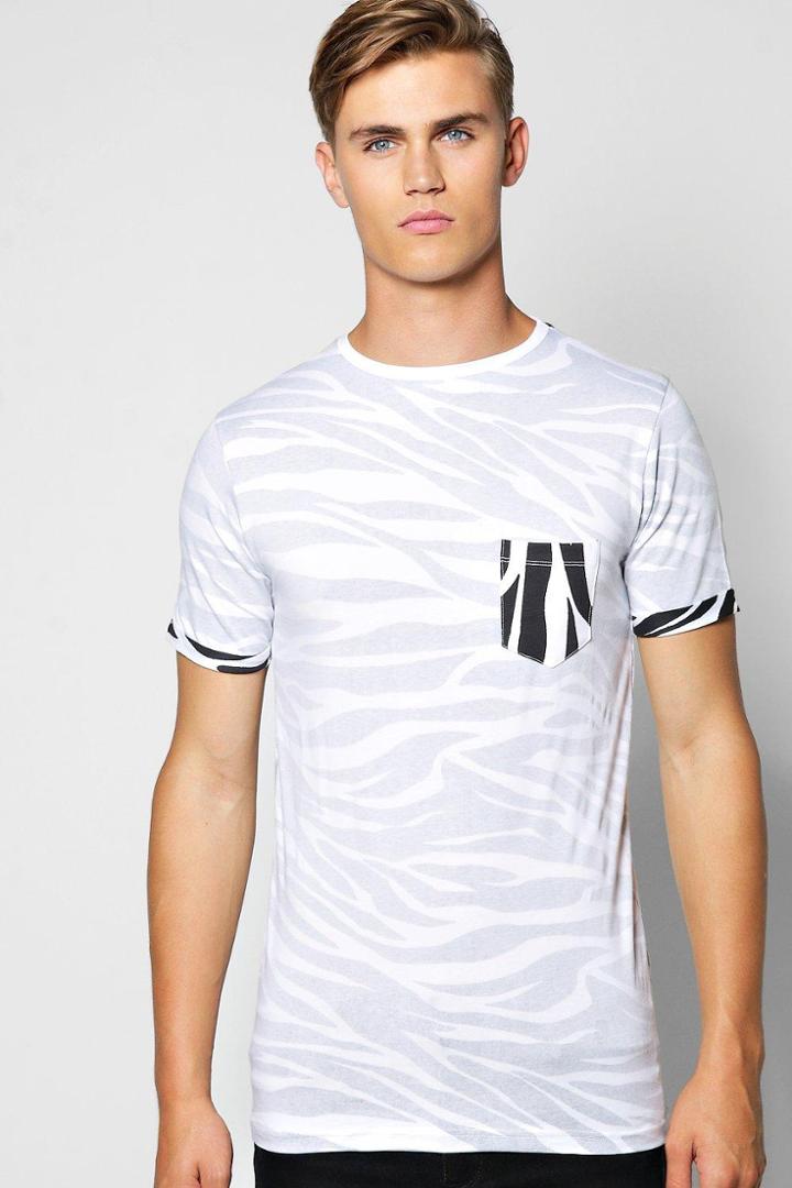 Boohoo Pocket Print Tee With Turn Up Sleeve White