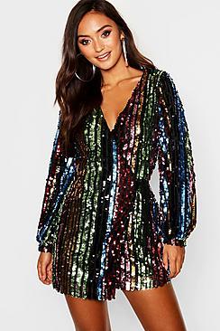 Boohoo Petite Rainbow Sequin Blouson Sleeve Wrap Dress