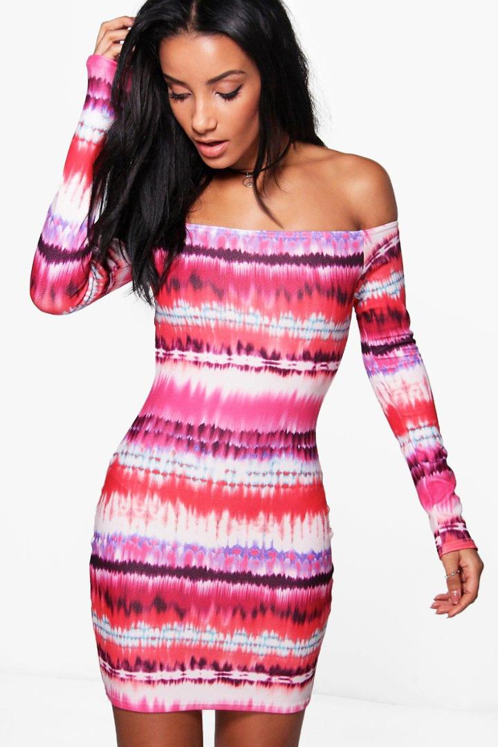 Boohoo Poppy Tie Dye Off Shoulder Midi Dress Pink