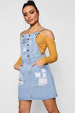 Boohoo Tia Eyelet Detail Denim Pinafore Dress