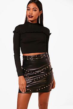 Boohoo Ribbed Ruffle Trim High Neck Top
