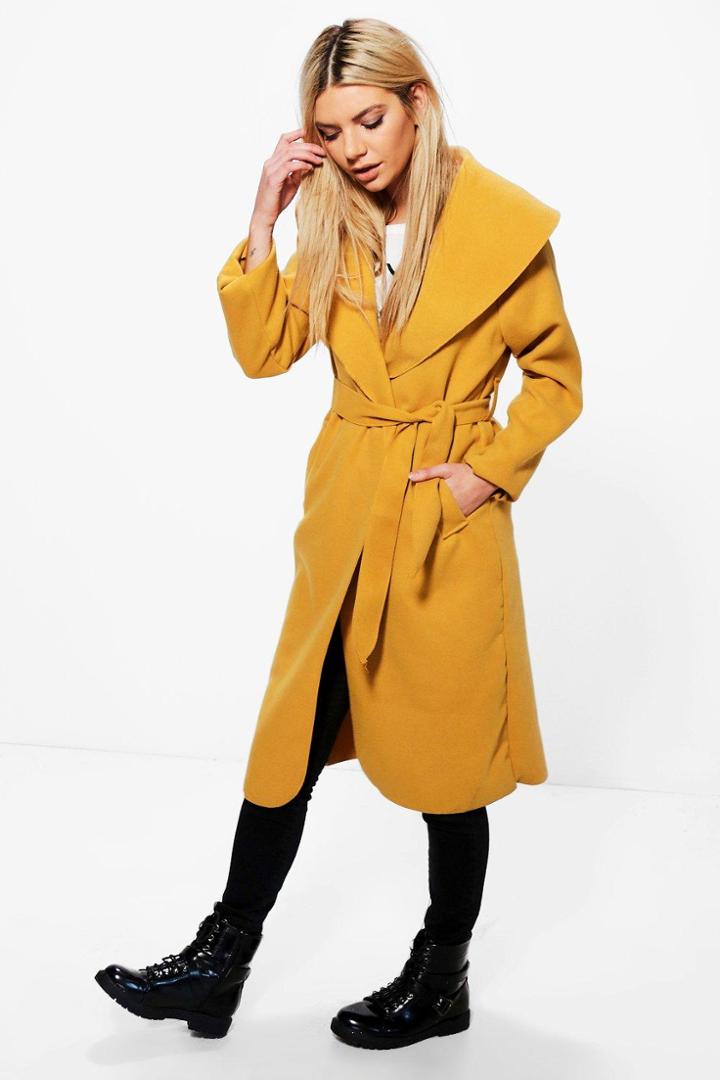 Boohoo Ellie Oversized Shawl Collar Belted Coat Mustard