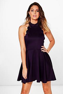 Boohoo Jolene High Neck Scallop Skater Dress