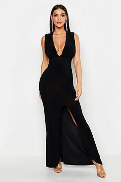 Boohoo Plunge Ruched Slinky Maxi Dress