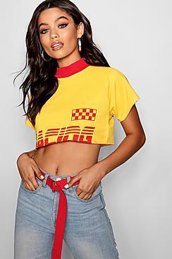 Boohoo Sandra Slogan Sports Stripe Sweat Crop Top