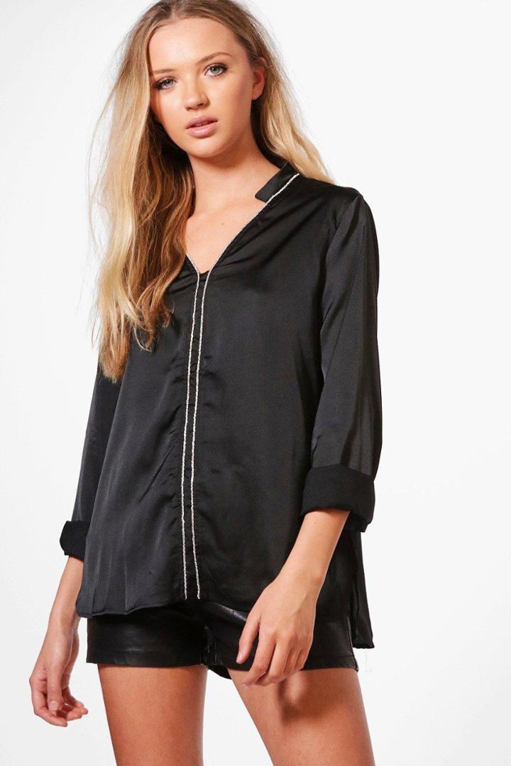 Boohoo Sophia Satin Blouse With Piping Black