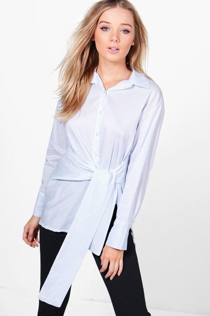 Boohoo Danielle Stripe Tie Waist Shirt Blue