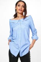 Boohoo Paige Pinstripe Off The Shoulder Shirt Blue
