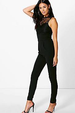 Boohoo Rose Lace Trim Jumpsuit
