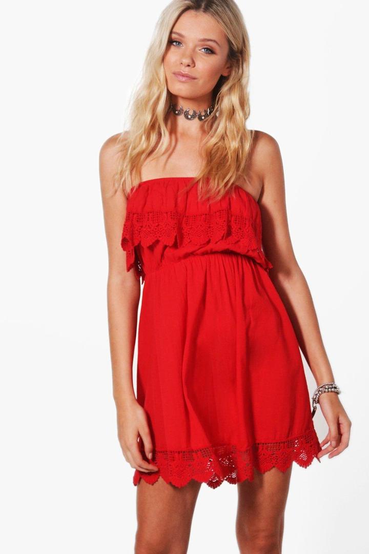 Boohoo Lilly Crochet Trim Sundress Red