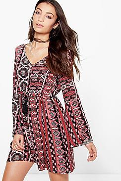 Boohoo Tall Bryony Tassle Front Paisley Woven Dress