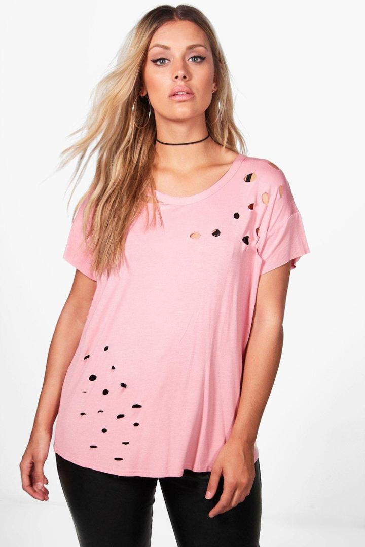 Boohoo Plus Fran Distressed Cut Shoulder Tee Blush