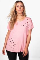Boohoo Plus Fran Distressed Cut Shoulder Tee Blush
