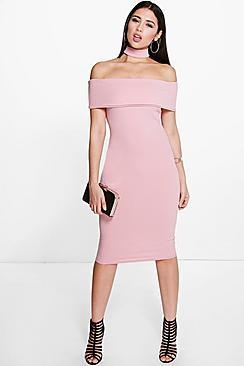 Boohoo Mhairi Choker Off The Shoulder Midi Dress
