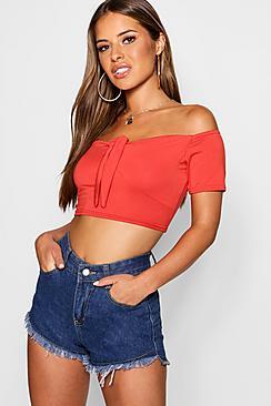 Boohoo Petite Knot Front Bardot Crop Top