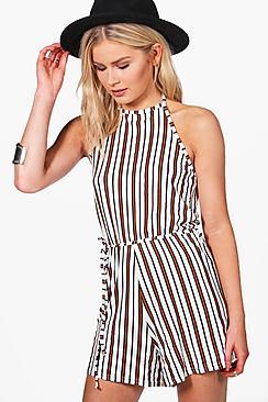 Boohoo Esme Halterneck Striped Tie Belt Playsuit