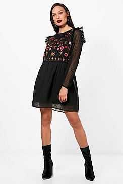 Boohoo Tall Embroidered Dobby Dress