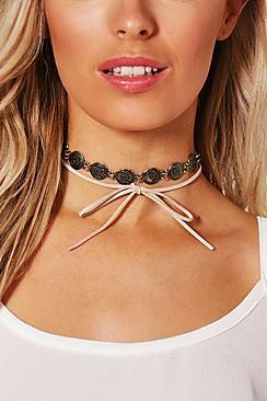 Boohoo Lacey Boho Coin And Suedette Tie Choker Set