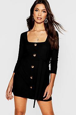 Boohoo Horn Button Square Neck Pocket Detail Shift Dress