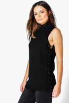 Boohoo Lacey Eyelet Lace Up Knit Tunic Black
