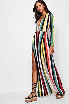 Boohoo Tall Plunge Side Split Stripe Maxi Dress
