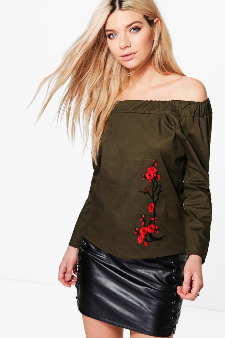 Boohoo Jasmine Long Sleeve Embroidered Woven Bardot Khaki