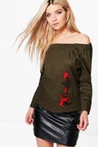 Boohoo Jasmine Long Sleeve Embroidered Woven Bardot Khaki