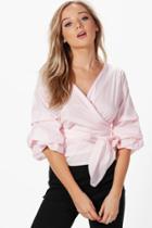 Boohoo Eva Ruffle Sleeve Wrap Gingham Shirt Pink