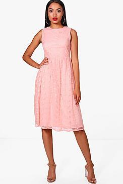 Boohoo Embroidered Mesh Sleeveless Skater Dress