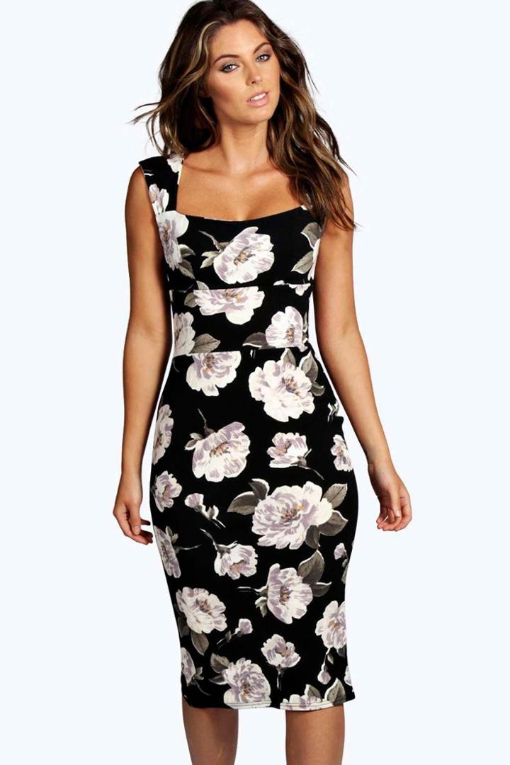 Boohoo Suzie Floral Sweetheart Midi Dress Black