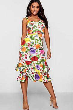 Boohoo Zoey Floral Fruit Print Frill Hem Midi Dress