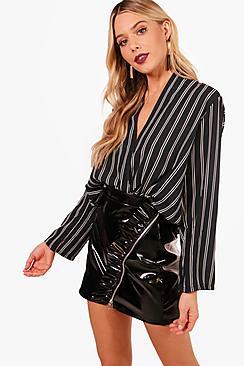Boohoo Becky Stripe Wrap Over Shirt