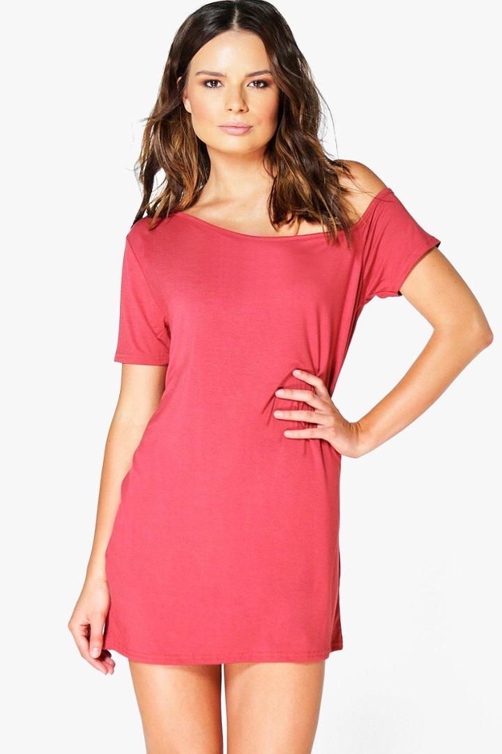 Boohoo Elin Basic Slash Neck Cap Sleeve Slouch Dress Cinnamon