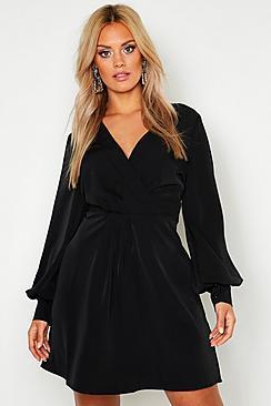 Boohoo Plus Wrap Balloon Sleeve Skater Dress