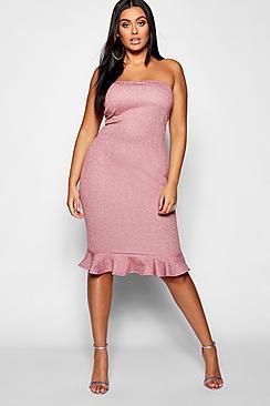 Boohoo Plus Glitter Lurex Bandeau Ruffle Hem Midi Dress
