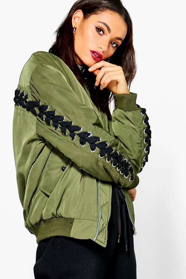 Boohoo Lois Eyelet Lace Up Back Bomber Jacket Khaki