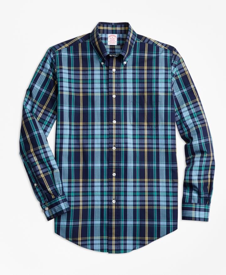 Brooks Brothers Men's Madison Fit Slub Cotton Dark-blue Plaid Sport Shirt