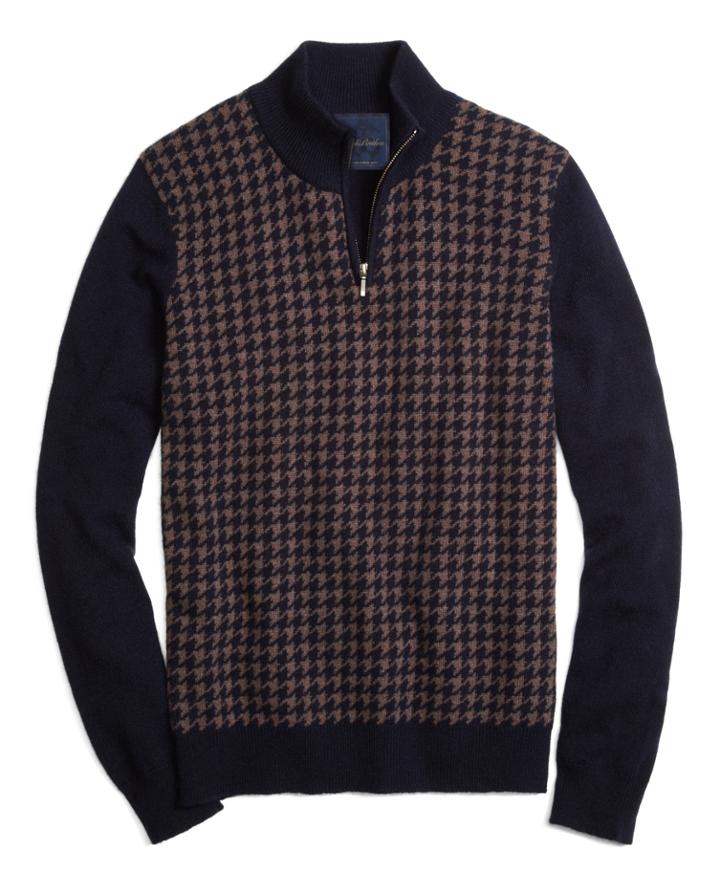 Brooks Brothers Men's Cashmere Large Houndstooth Half-zip Mockneck Sweater