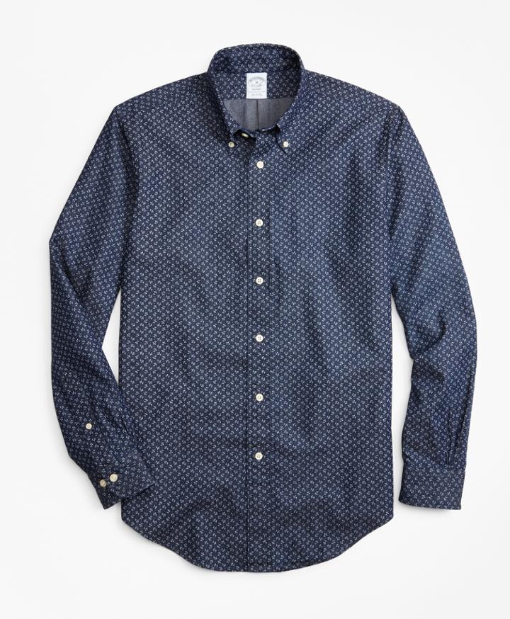 Brooks Brothers Men's Regent Fit Leaf Print Denim Indigo Sport Shirt