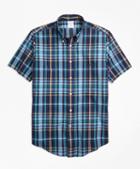 Brooks Brothers Regent Fit Slub Cotton Dark-blue Plaid Short-sleeve Sport Shirt